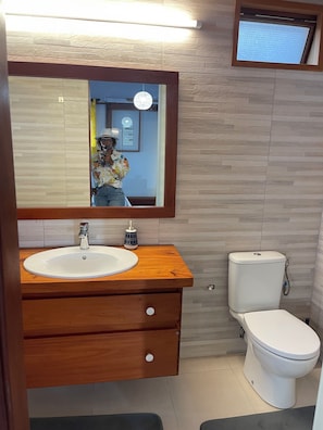 Een haardroger, handdoeken, zeep, toiletpapier