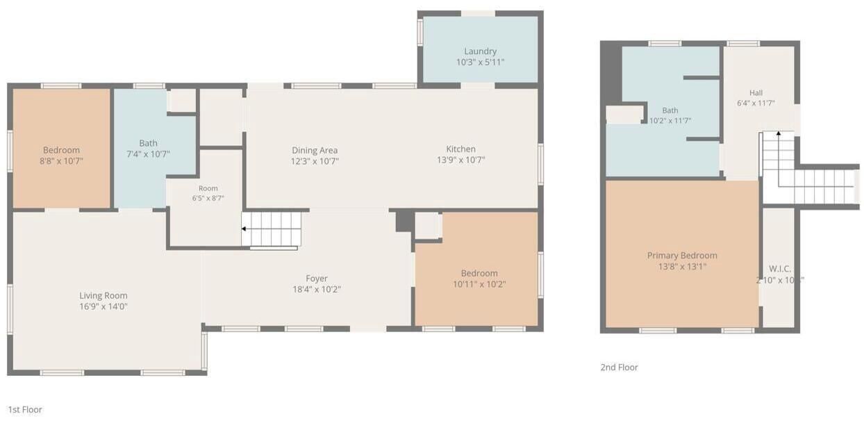 A 2nd floor layout with a primary bedroom, secondary bedroom, dining area, kitchen, bathroom, laundry, and a foyer.