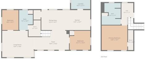 A 2nd floor layout with a primary bedroom, secondary bedroom, dining area, kitchen, bathroom, laundry, and a foyer.