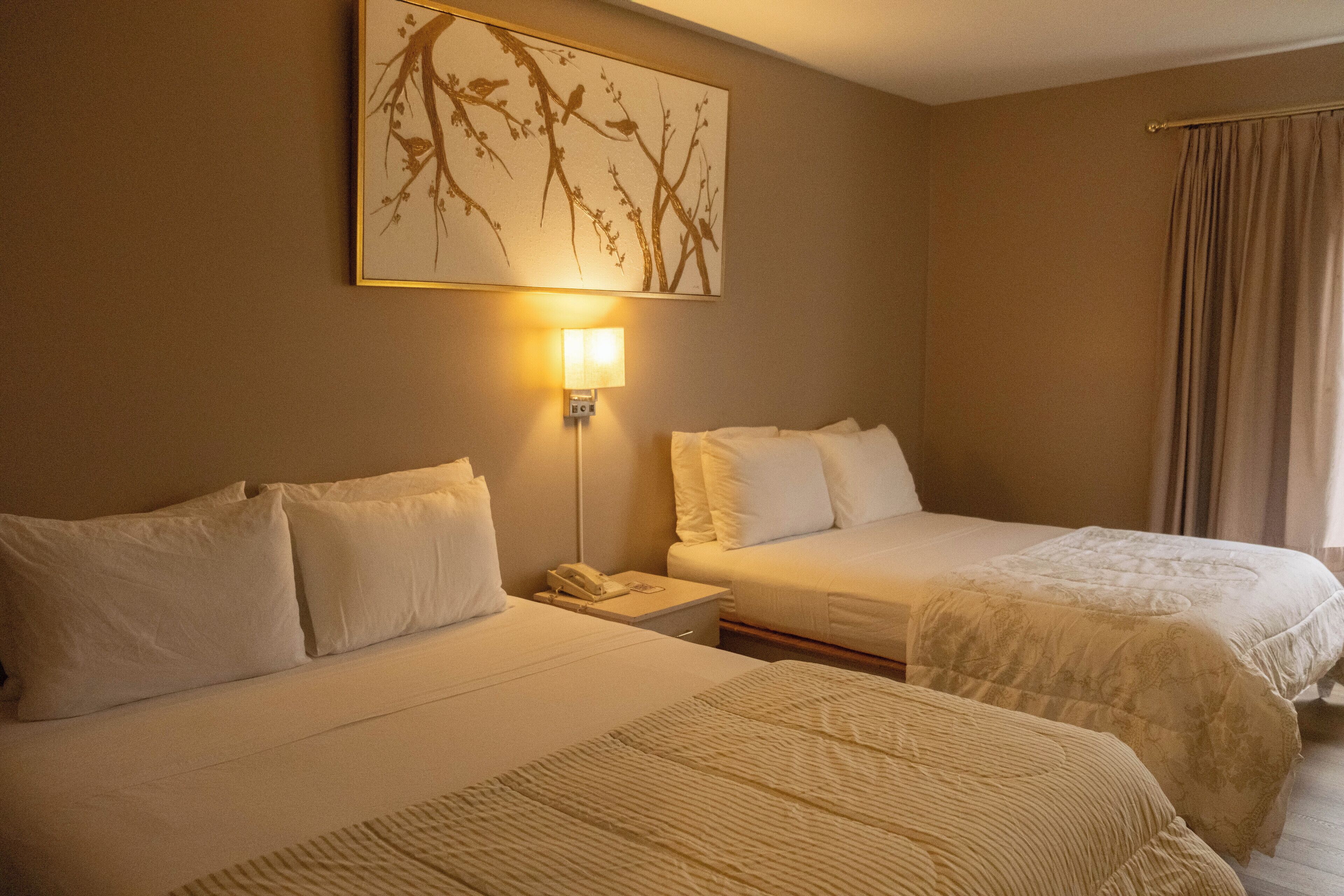 Une chambre d’hôtel avec deux lits, une table de chevet avec un téléphone, une lampe fixée au mur et une grande œuvre d’art encadrée au-dessus des lits.