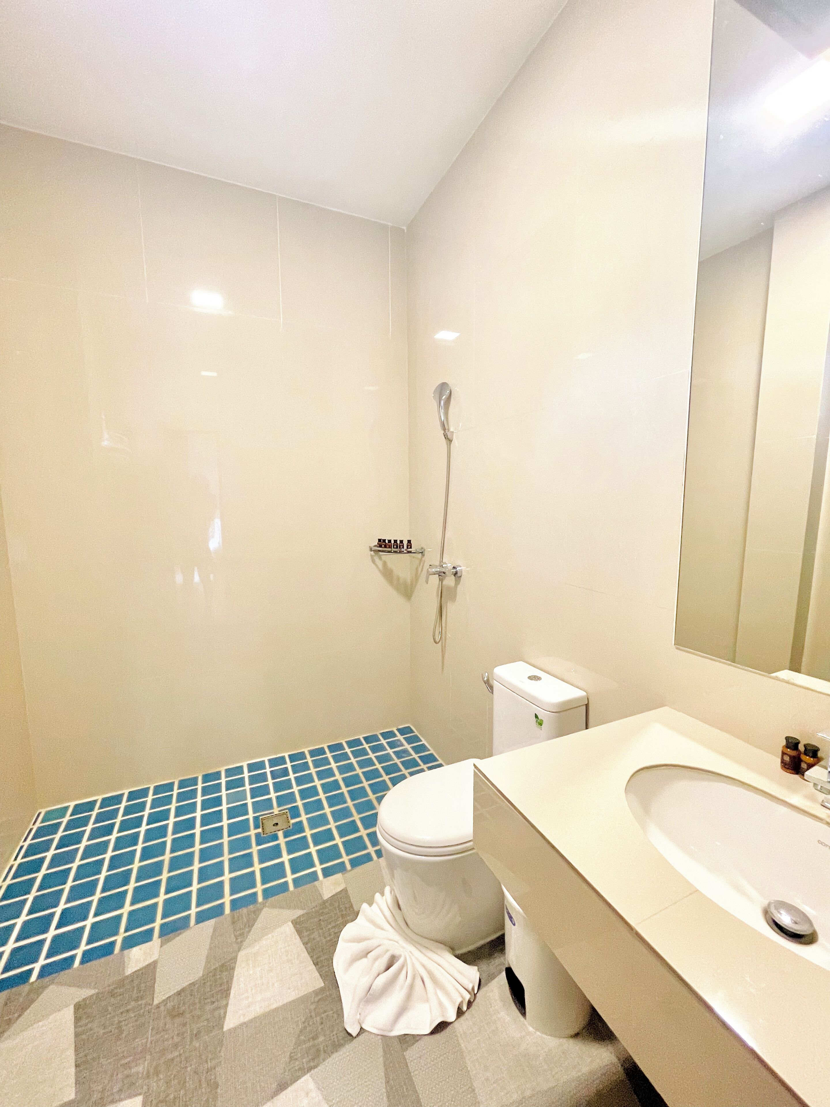 Une salle de bain avec des toilettes, une douche et un lavabo.