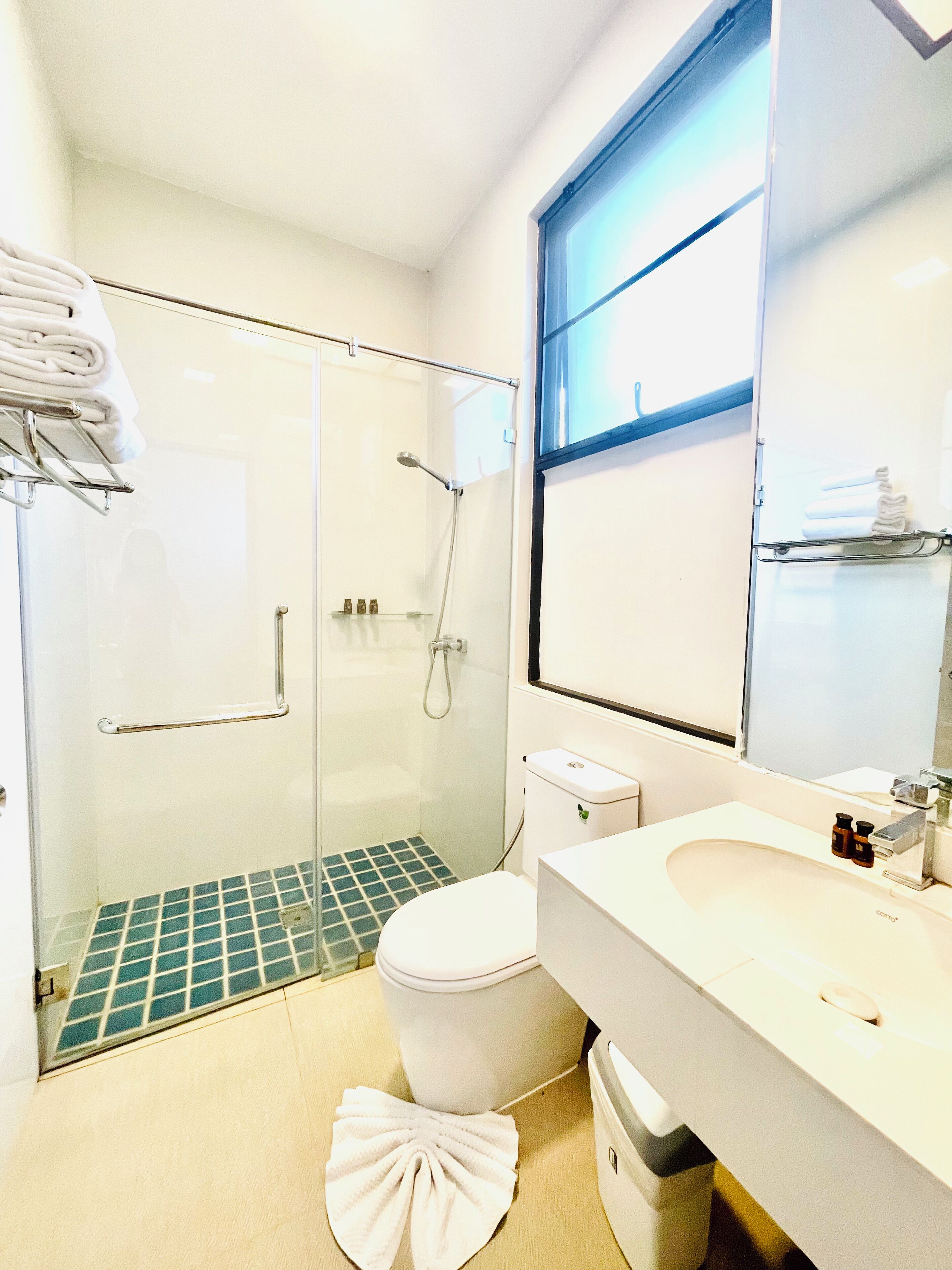 A modern bathroom with a glass-enclosed shower, a white toilet, a sink with toiletries, and a mirror.