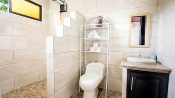 Hair dryer, towels, soap, toilet paper
