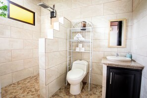 Hair dryer, towels, soap, toilet paper
