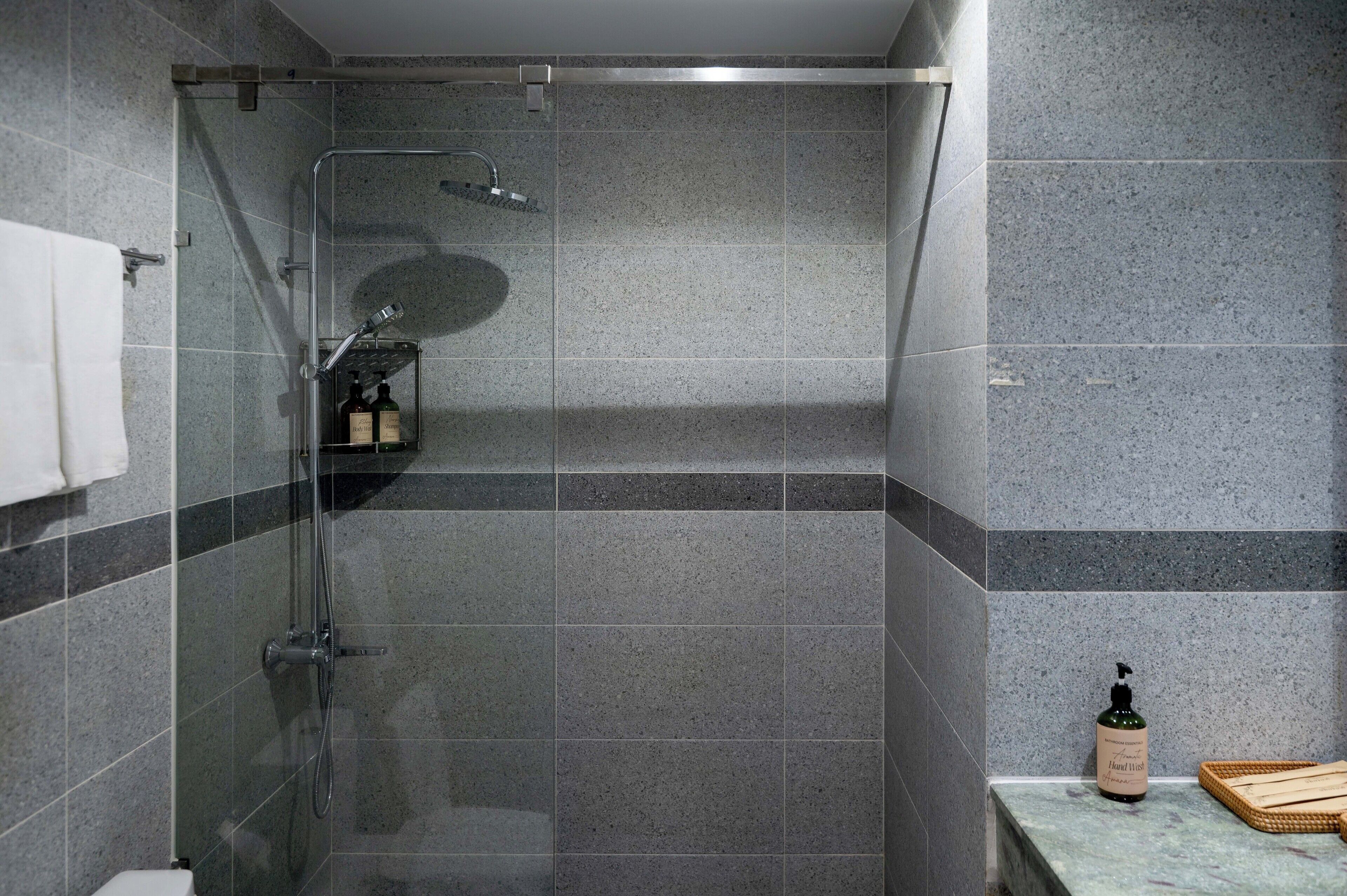 A modern shower with a glass enclosure, a handheld showerhead, and a bottle of hand wash soap on the counter.