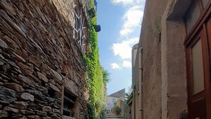 A narrow alleyway with stone walls and a paved path leading to a building with a wooden door.