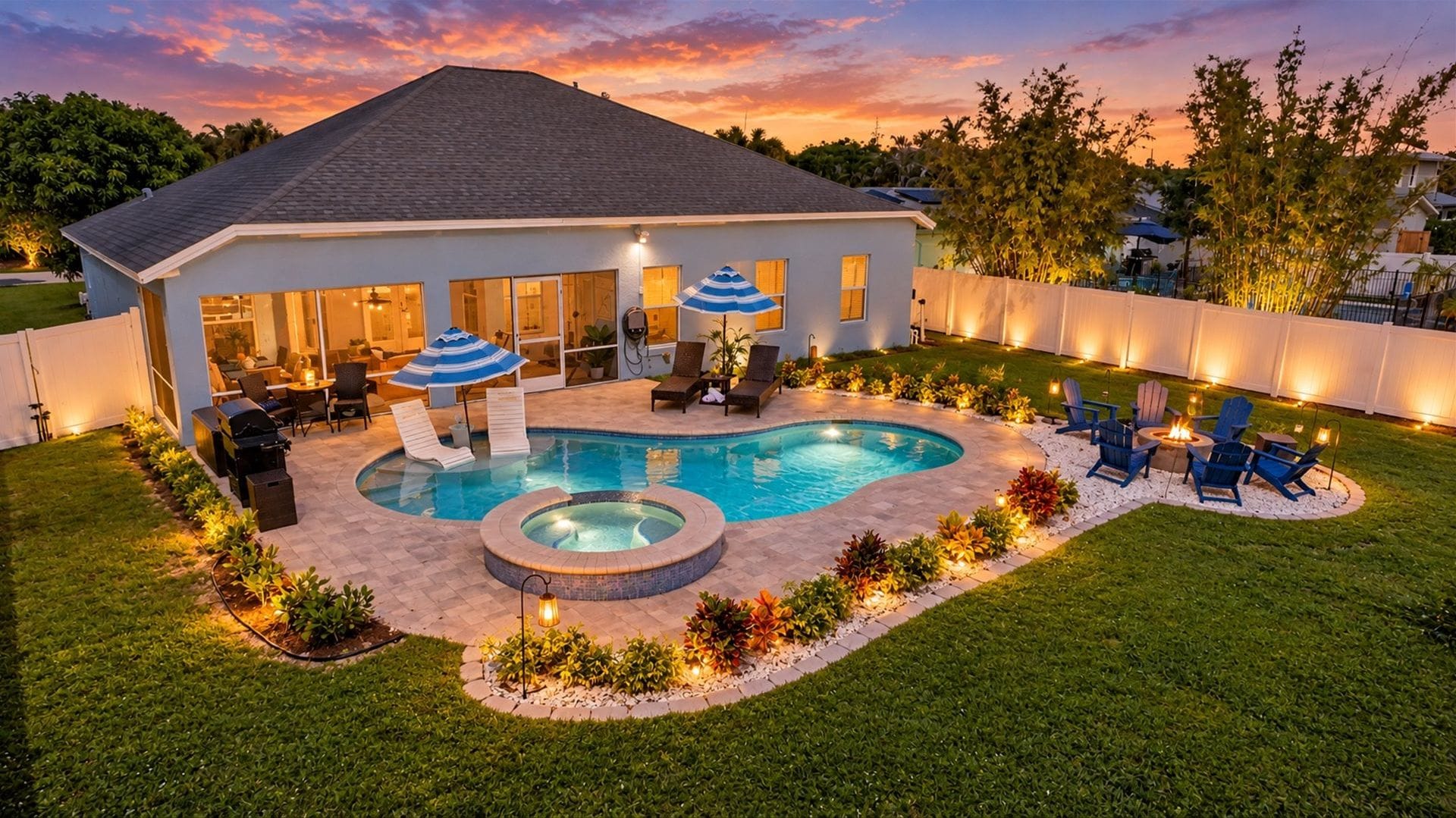 Relax in your private, fully fenced backyard with a heated pool, a shallow sun shelf, sun loungers, in-water seating, and a fire pit at the edge of the pool deck.