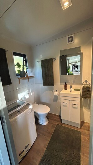 Shower, towels, soap, toilet paper