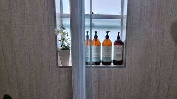 Shower, hair dryer, towels, soap