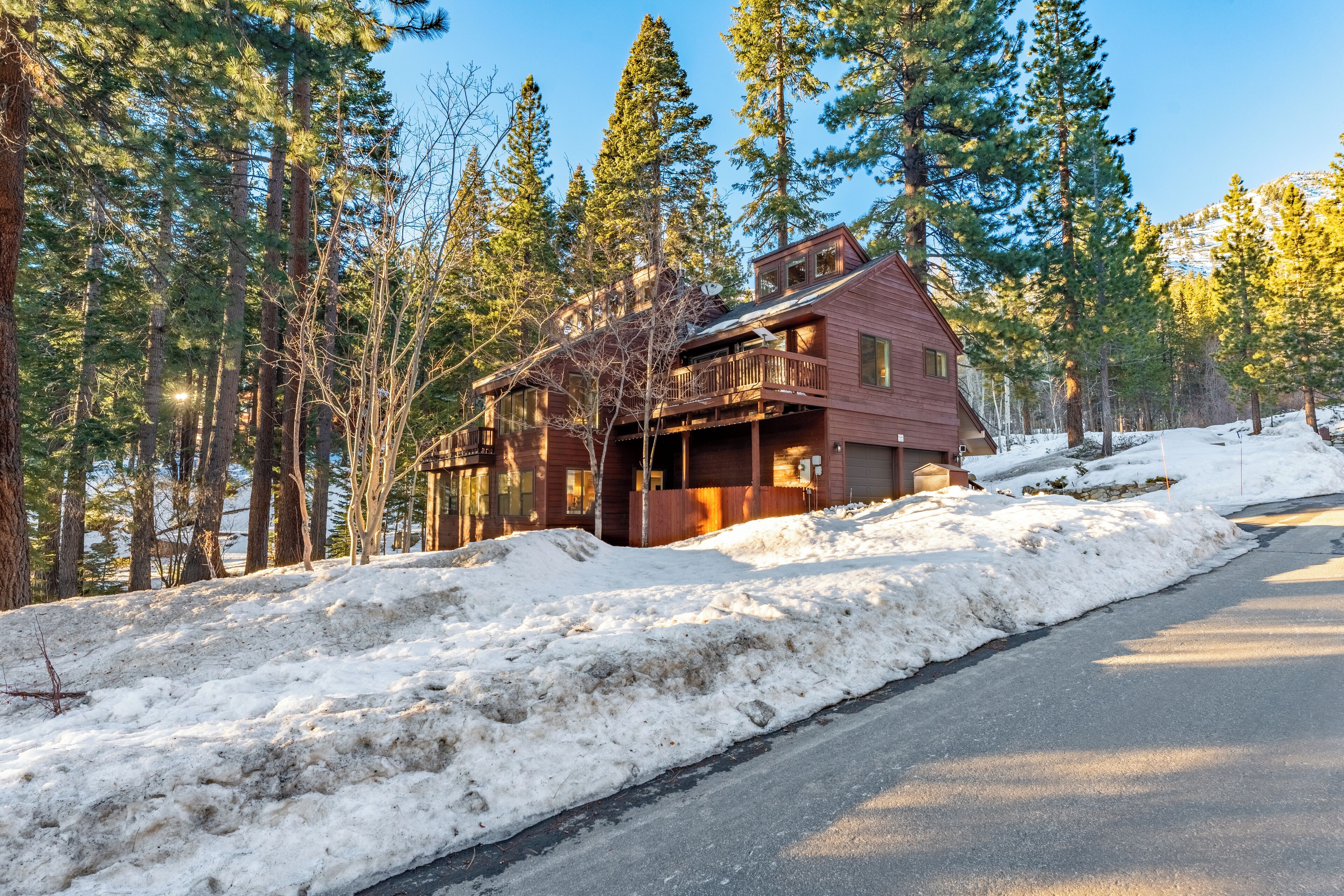 A cabin with a wooden exterior, surrounded by tall pine trees and a snow-covered landscape.
