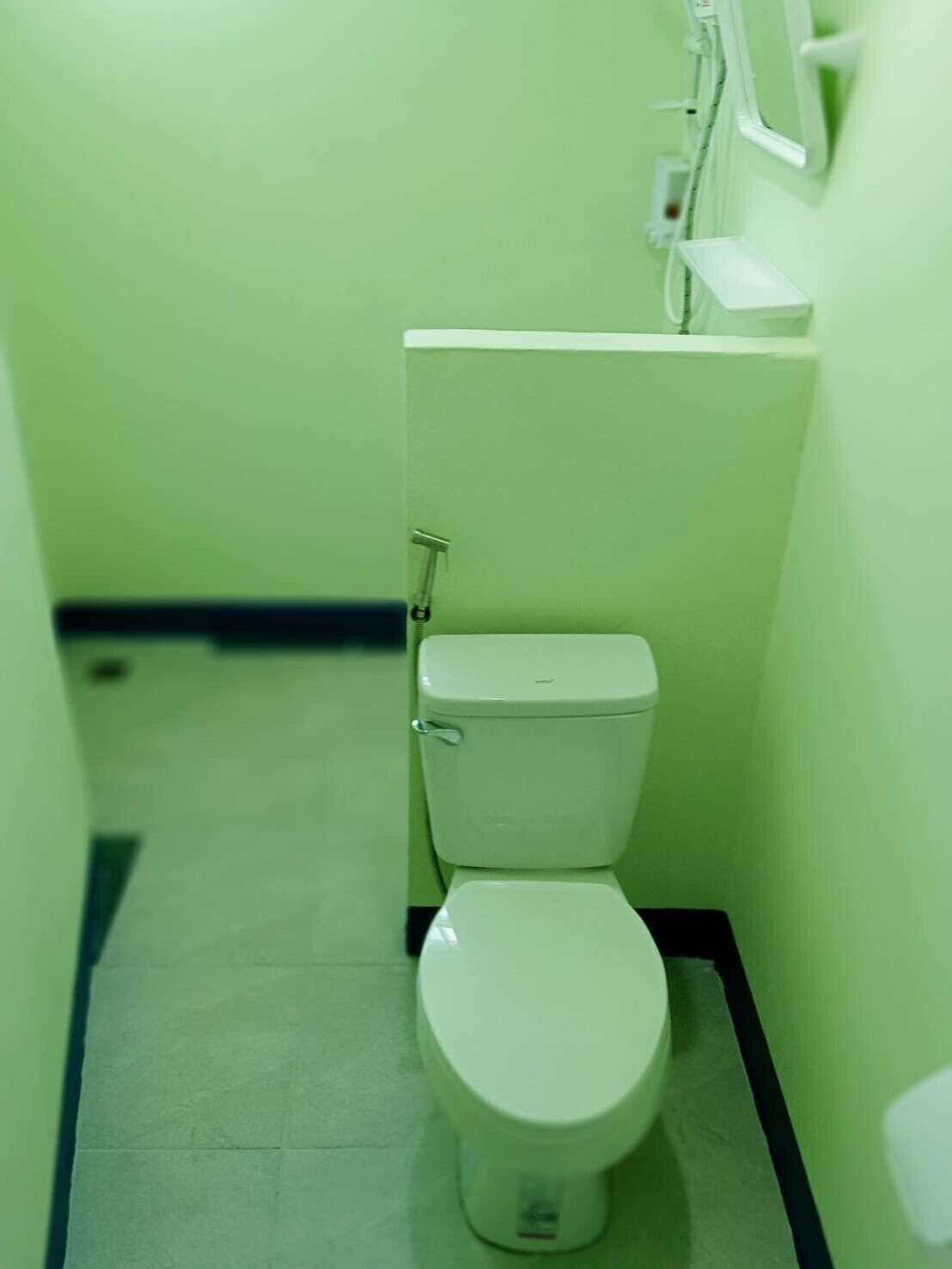 A small, narrow bathroom with a toilet and a sink.