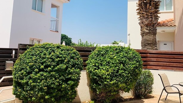 A residential building with a tiled patio, two well-maintained bushes, a palm tree, and a chair.