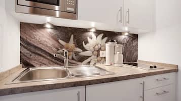 KĂŒhlschrank, Mikrowelle, Herdplatte, Wasserkocher mit Kaffee-/Teezubehör