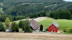 A rural landscape with a red house, a wooden house, and a hill with dense forest. - Holiday Home 'Backhaus' with Mountain View, Private Terrace and Private Garden (Lauterbach)