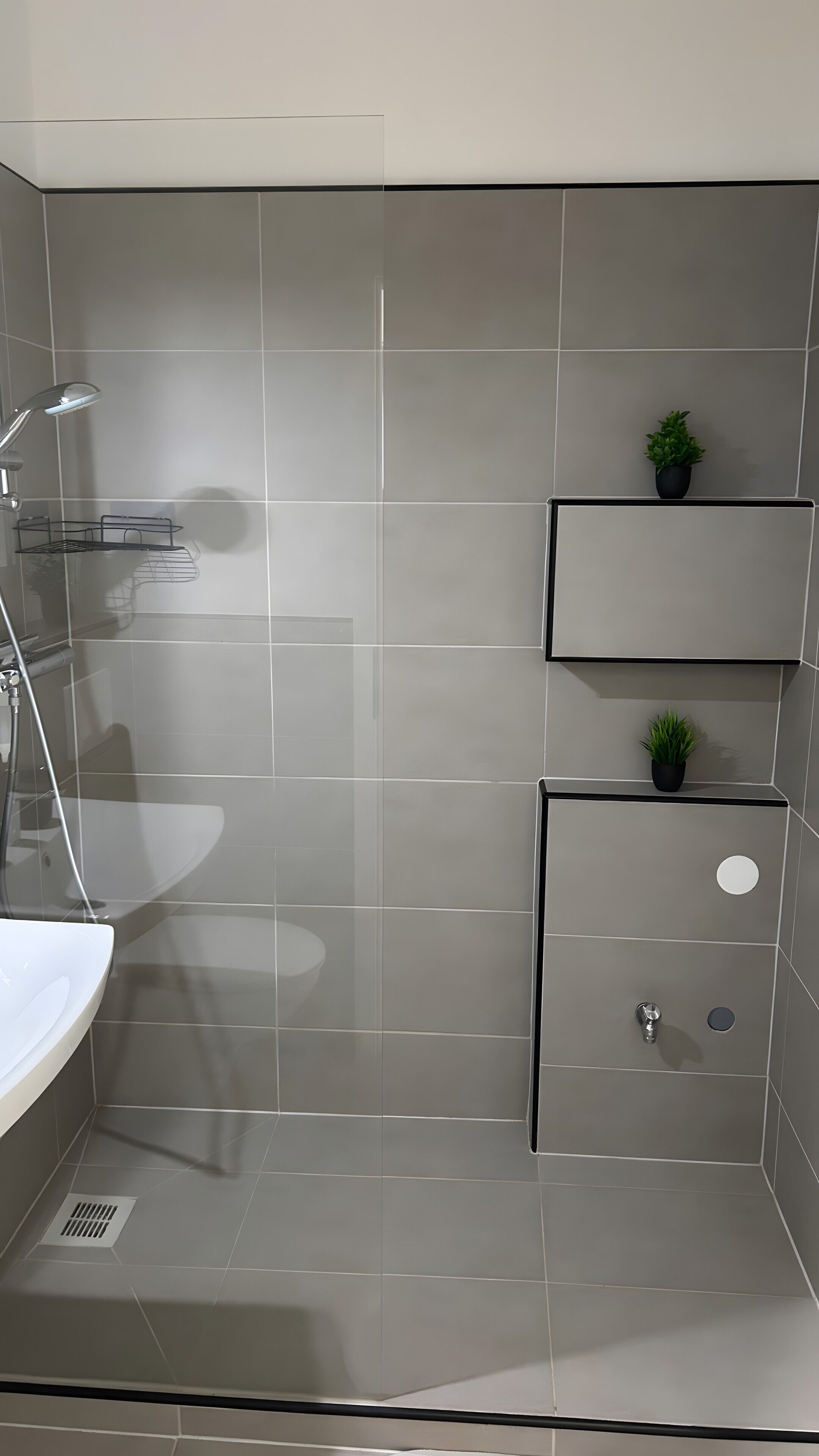 Un baño moderno con ducha, lavamanos y dos plantas en macetas sobre estantes.