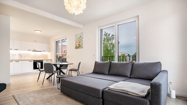 A modern living room with a grey sofa, a dining area with chairs, a kitchen in the background, and a balcony with a railing. - Apartment “Loft Am Botanischen Garten” with Balcony and Wi-Fi (Greifswald)