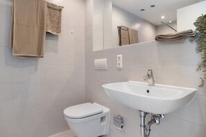 Shower, hair dryer, towels, toilet paper