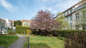 A pathway leading to a building with a garden area, a tree with pink blossoms, and a hedge. - Apartment 'Top Location with Cathedral View' with Wi-Fi (Greifswald)