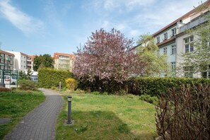 A pathway leading to a building with a garden area, a tree with pink blossoms, and a hedge.