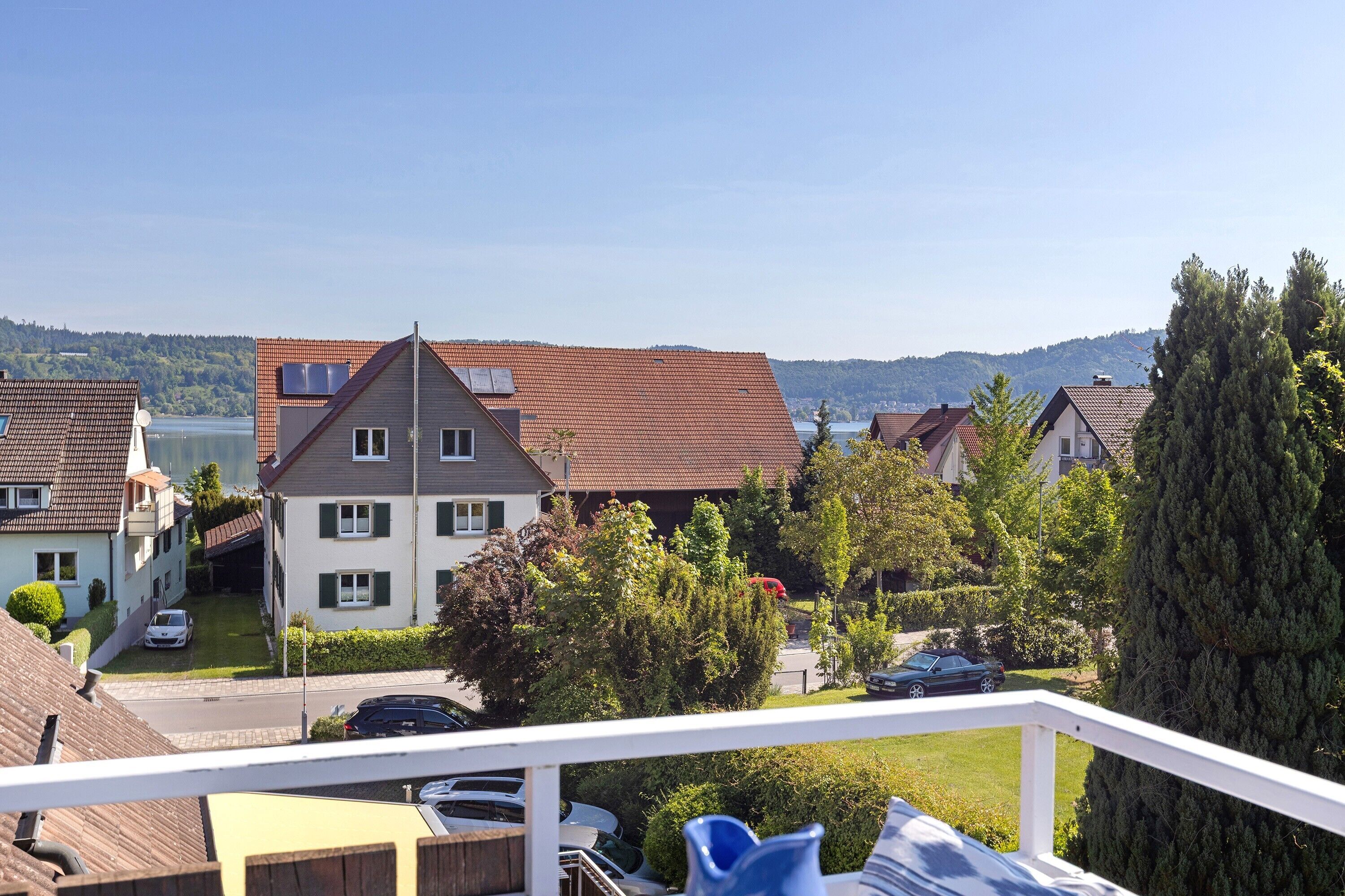 A residential area with houses, a road, and a body of water in the background.