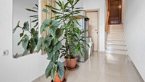 A hallway with a potted plant, a refrigerator, and a staircase leading to another room. - Studio in Rab near Sandy Beach (Rab)
