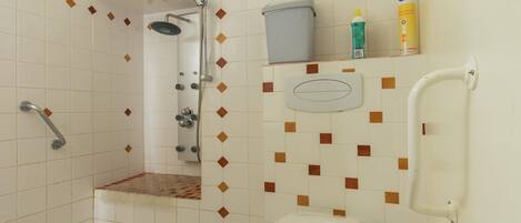 A bathroom with a shower, toilet, and a shelf with toiletries.