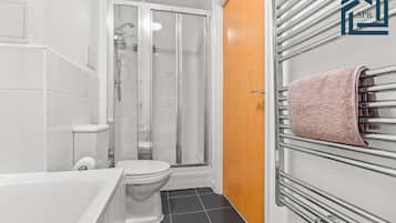 Hair dryer, towels, soap, shampoo