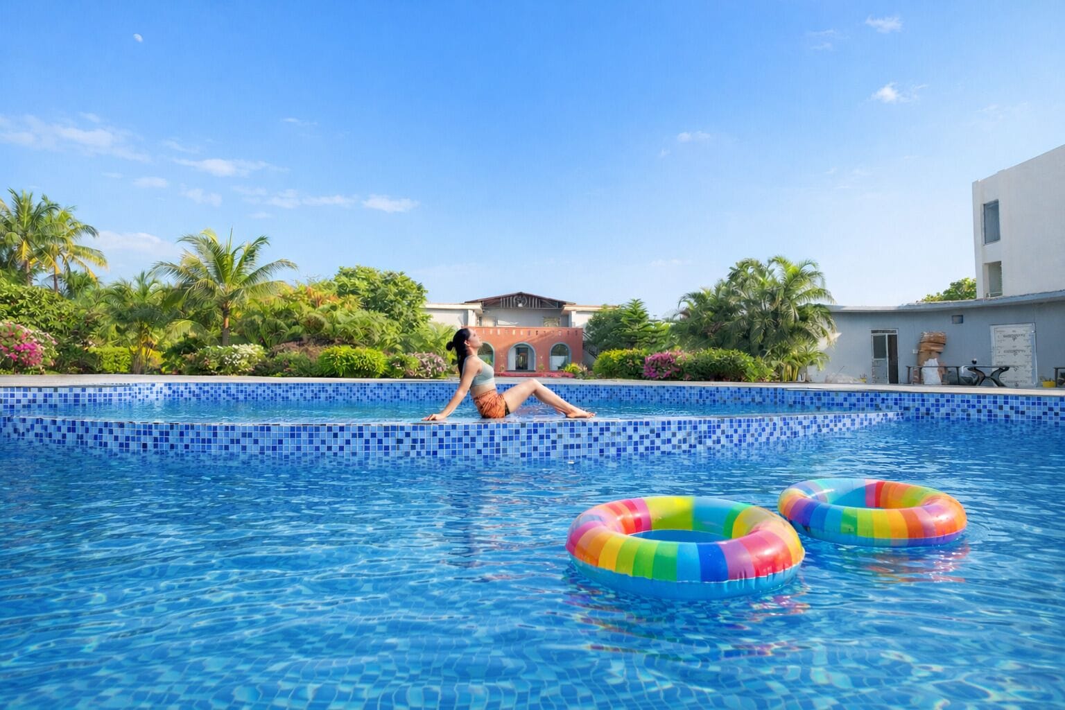 A swimming pool with a tiled edge, a person in the water, and two colorful inflatable rings.