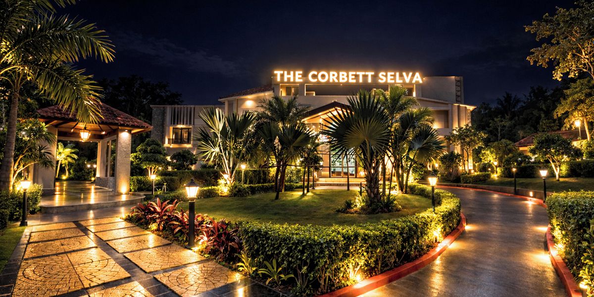 A hotel entrance with a well-lit pathway, palm trees, and a sign reading 'THE CORBETT SELVA'.