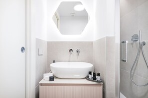 Shower, hair dryer, bidet, towels