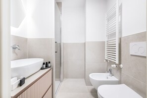 Shower, hair dryer, bidet, towels