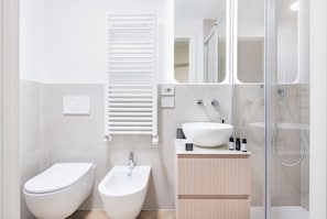 Shower, hair dryer, bidet, towels