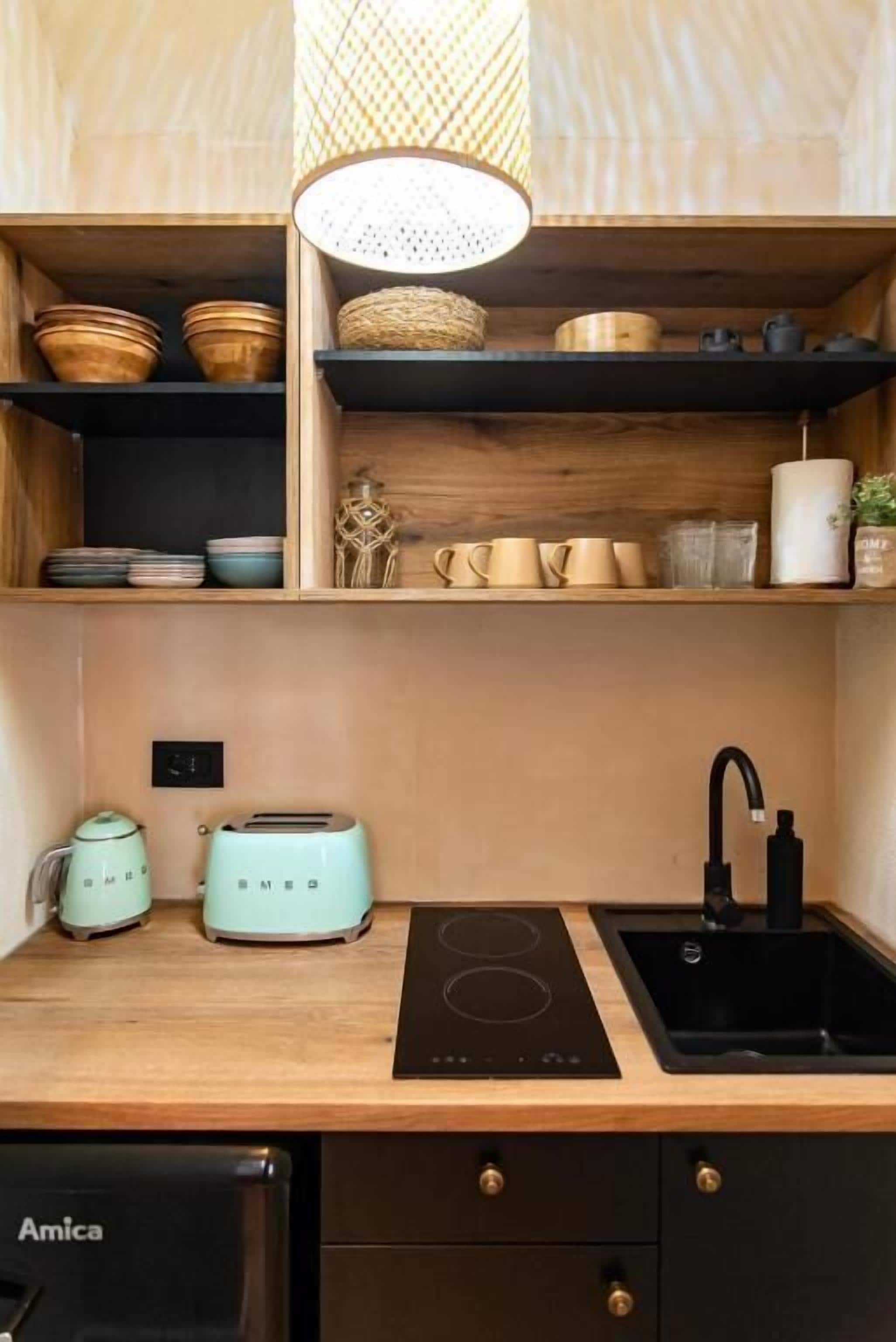 Une cuisine équipée d’une plaque de cuisson à induction noire, d’un évier et d’un grille-pain. Des étagères en bois, situées au-dessus du plan de travail, servent à ranger divers ustensiles de cuisine.