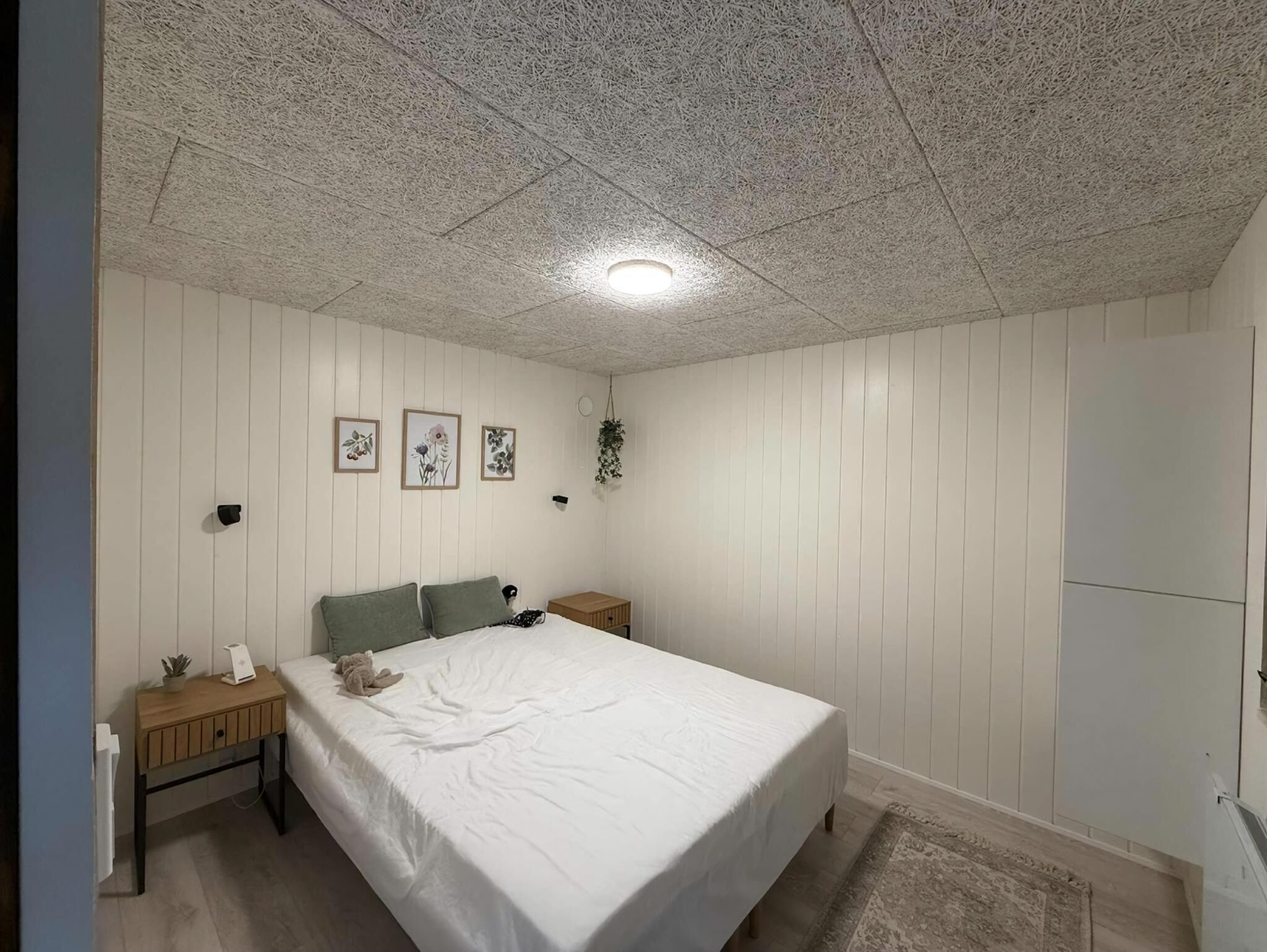 A bedroom with a large bed, a bedside table, a nightstand, a wall-mounted lamp, and a ceiling light.