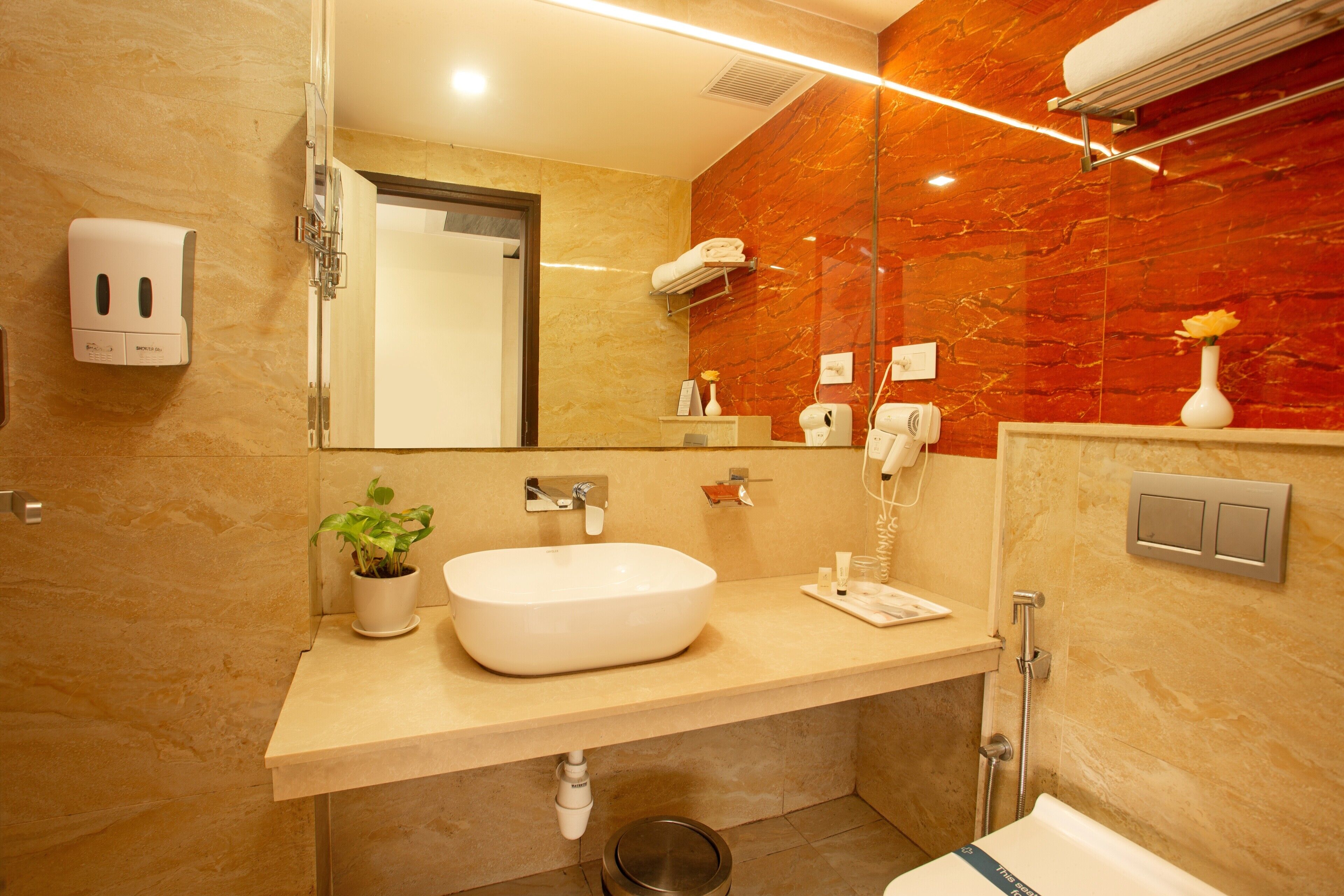 Un baño moderno con un lavamanos grande, un espejo, un perchero para toallas, un secador de manos y una planta en maceta.