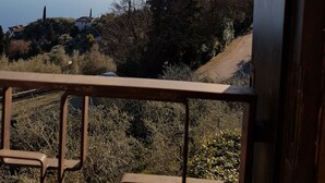Vista desde un balcón sobre un lago, con casas y árboles al fondo.