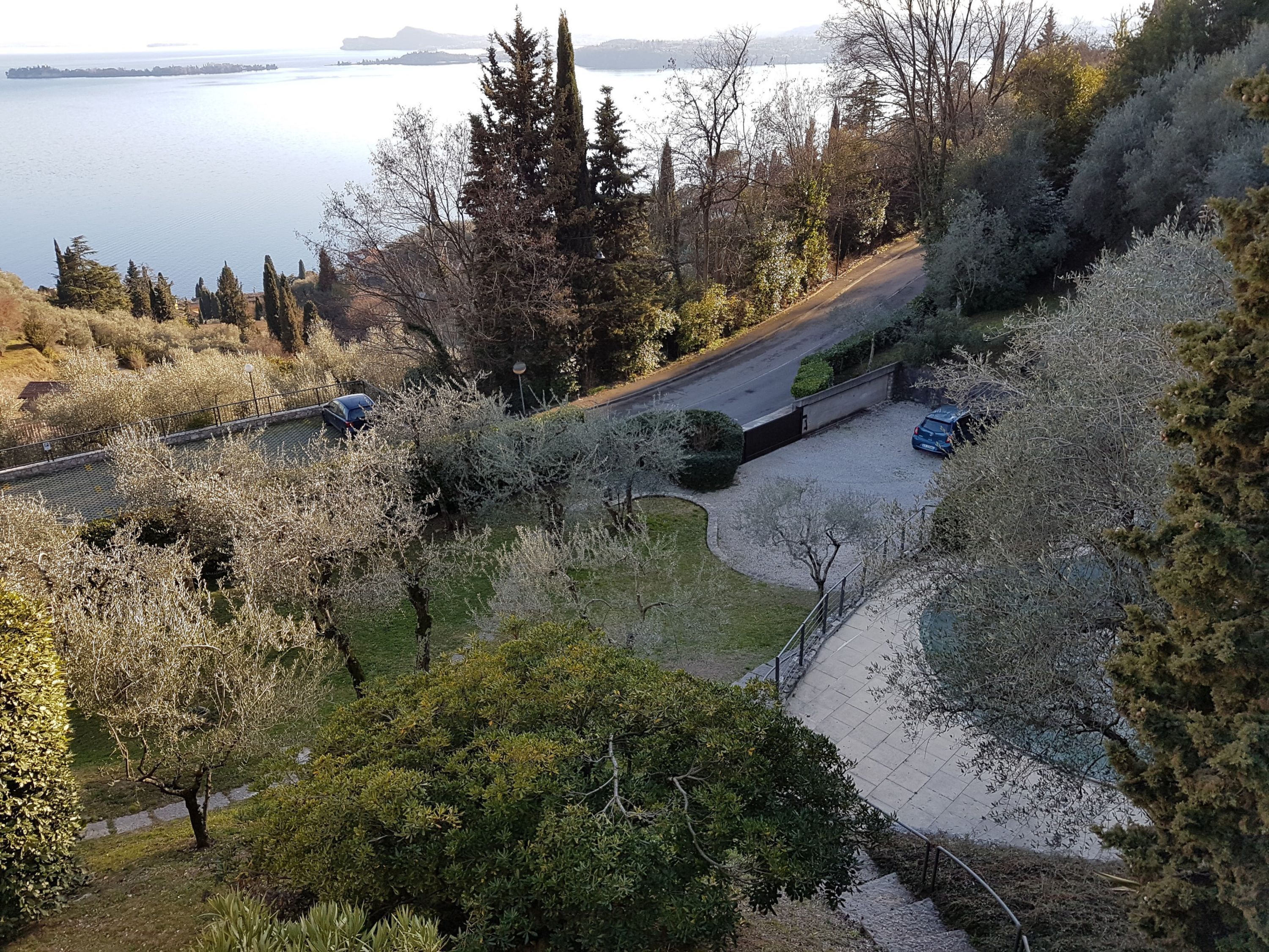 A residential area with a driveway, parked cars, and a view of a lake.