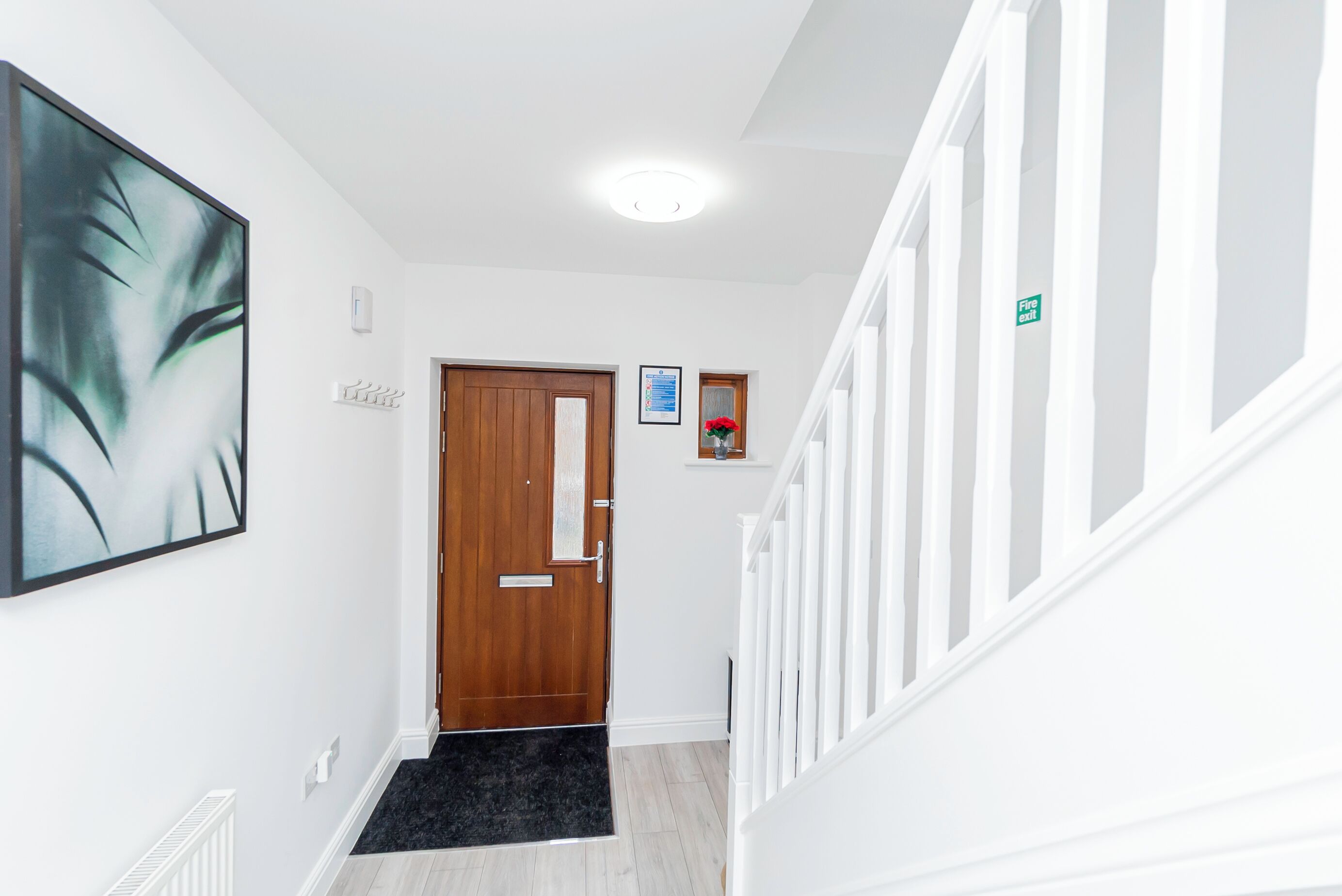 A hallway with a wooden door, a black doormat, a framed picture, and a fire exit sign.