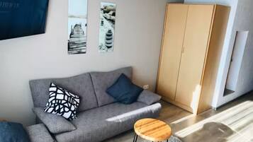 Un soggiorno moderno con un divano grigio, due cuscini bianco e nero, un tavolino in legno e un ampio guardaroba.