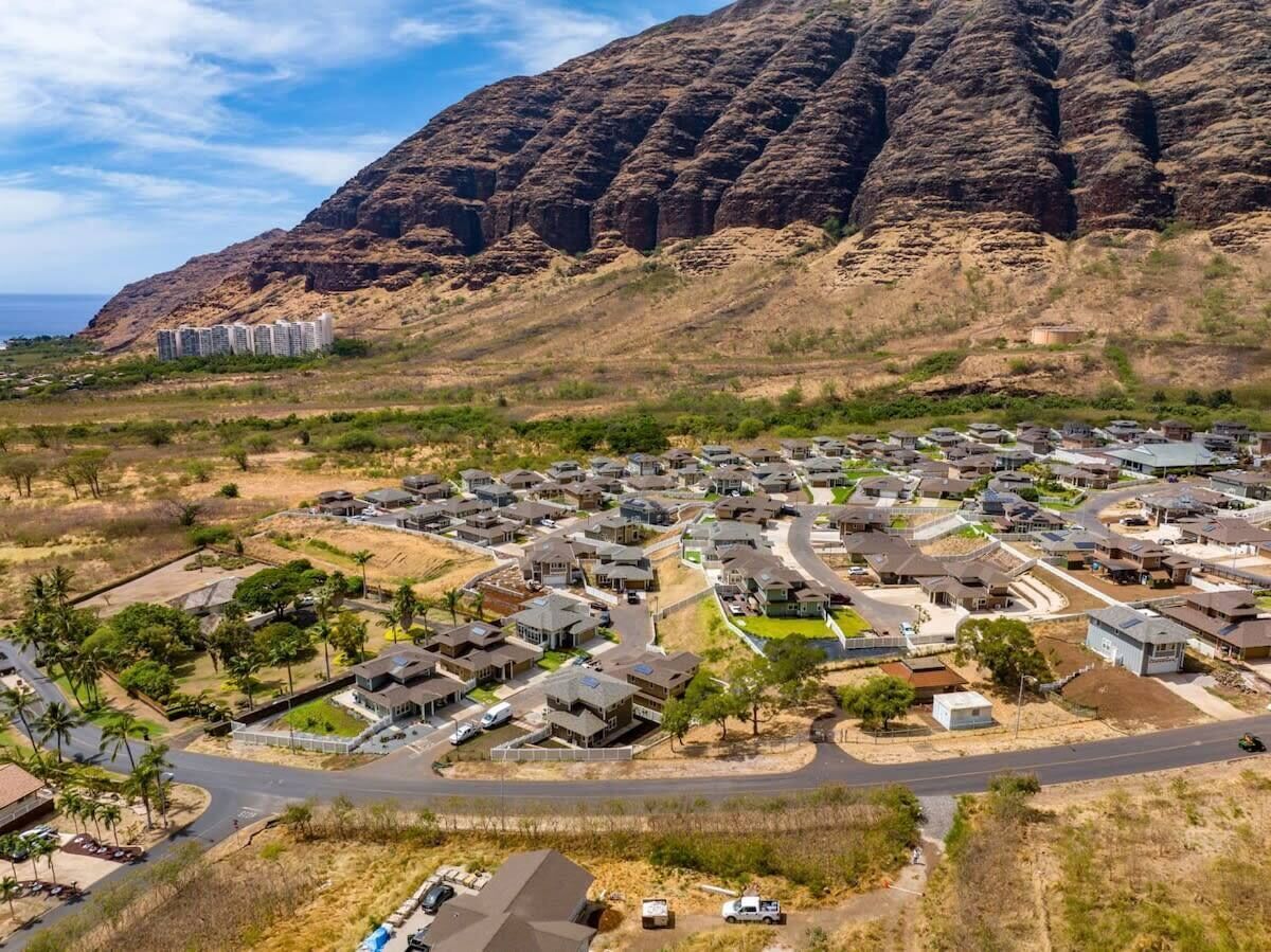 A residential area with houses and a large mountain in the background.