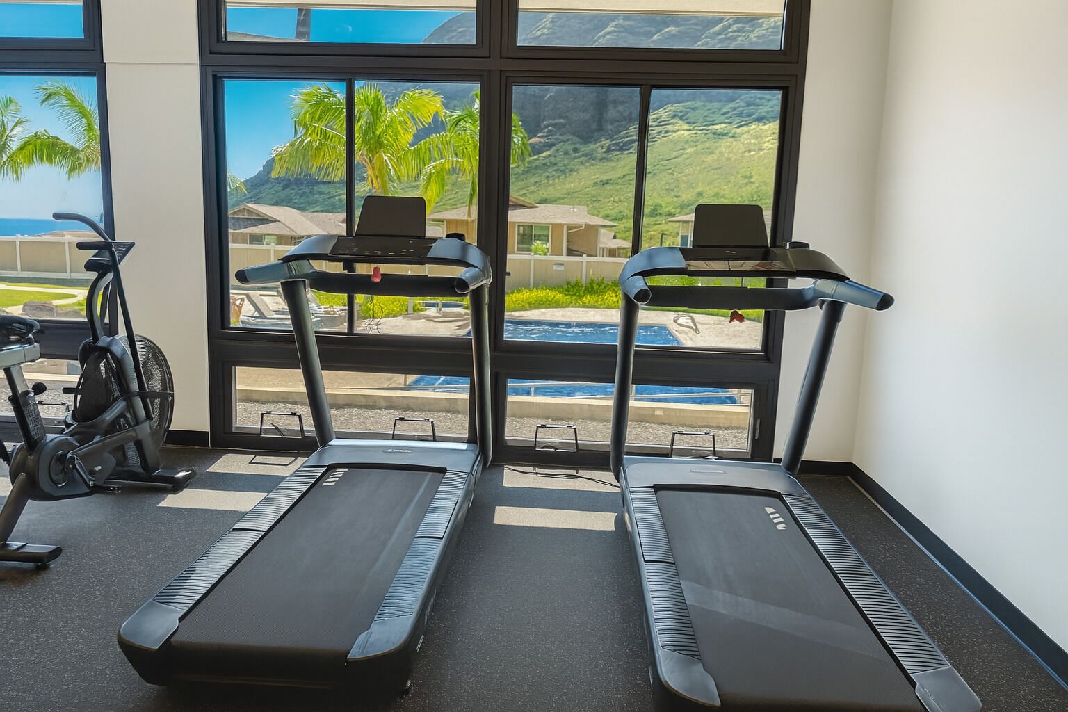 Ein Fitnessraum mit zwei Laufbändern und einem Crosstrainer, große Fenster mit Blick auf einen Pool und Palmen.