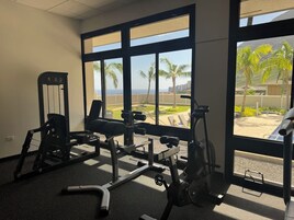 A gym with exercise equipment, large windows, and a view of palm trees and a pool.
