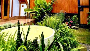 A modern building with a sloped roof, surrounded by lush tropical plants.