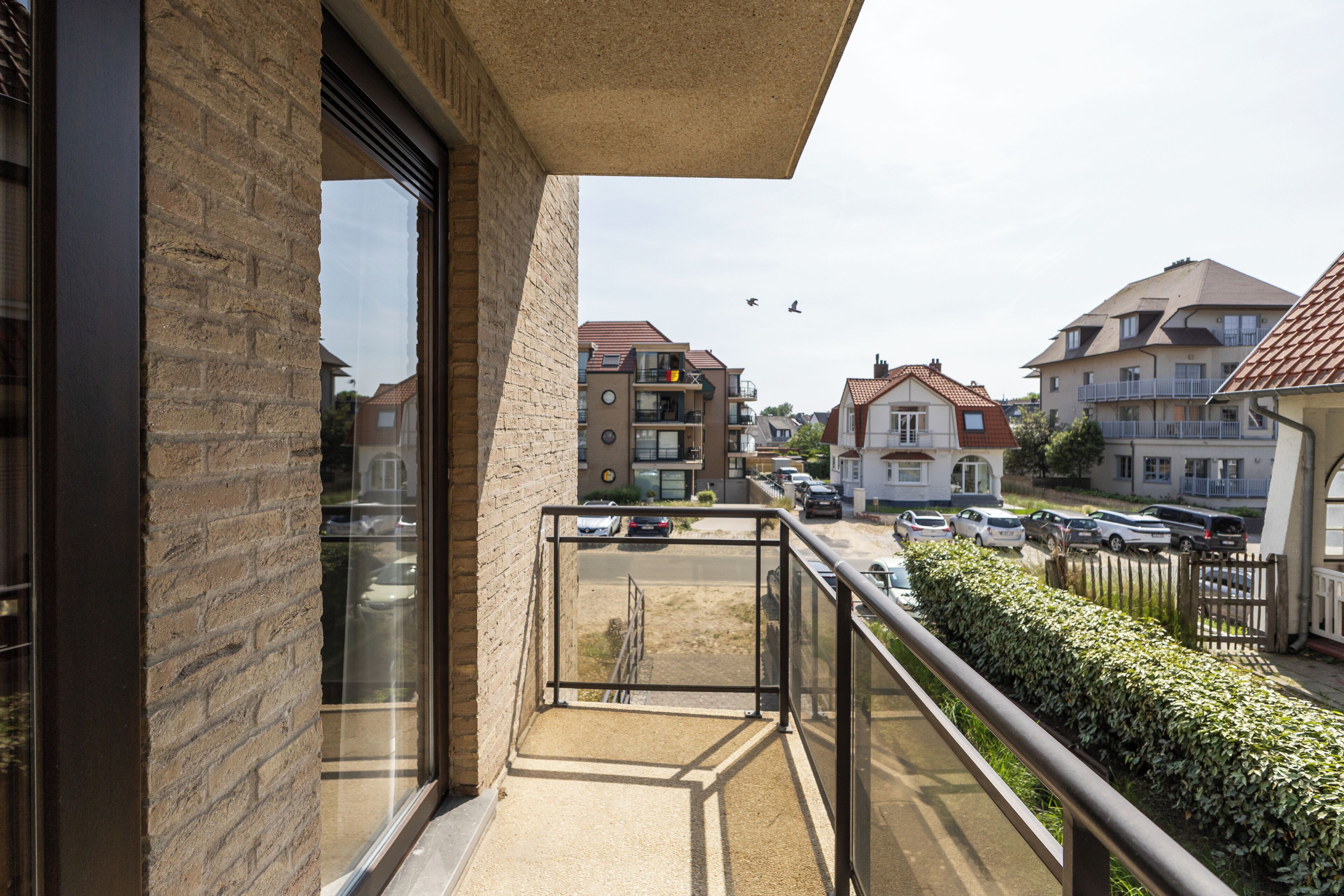 A balcony with a view of a residential street, a clear sky, and a few birds in the distance.