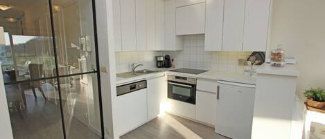 Fridge, oven, coffee/tea maker, electric kettle