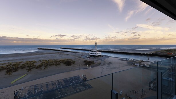 A beach view from a balcony with a pier extending into the water, a small building near the shore, and a basketball court. - 1 bedroom accommodation in Nieuwpoort (Nieuwpoort)