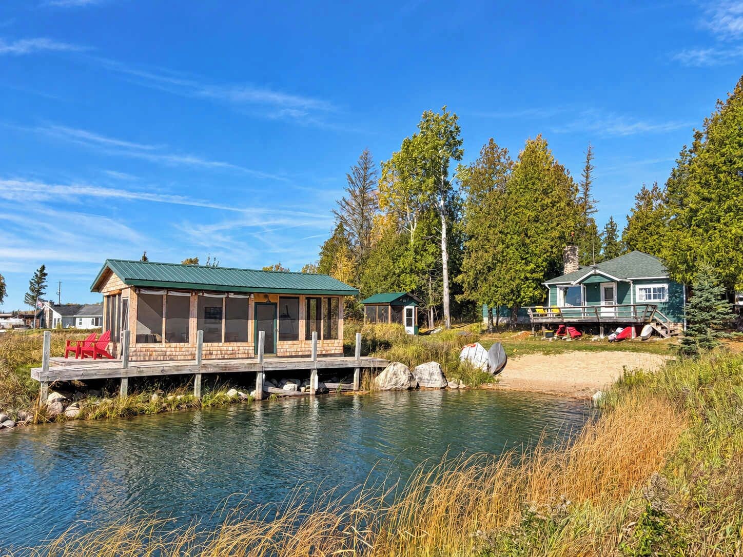 A lakeside cabin with a dock, surrounded by trees and a clear sky.