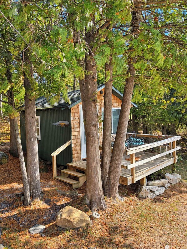Une cabane dotée d’une terrasse en bois, entourée d’arbres.