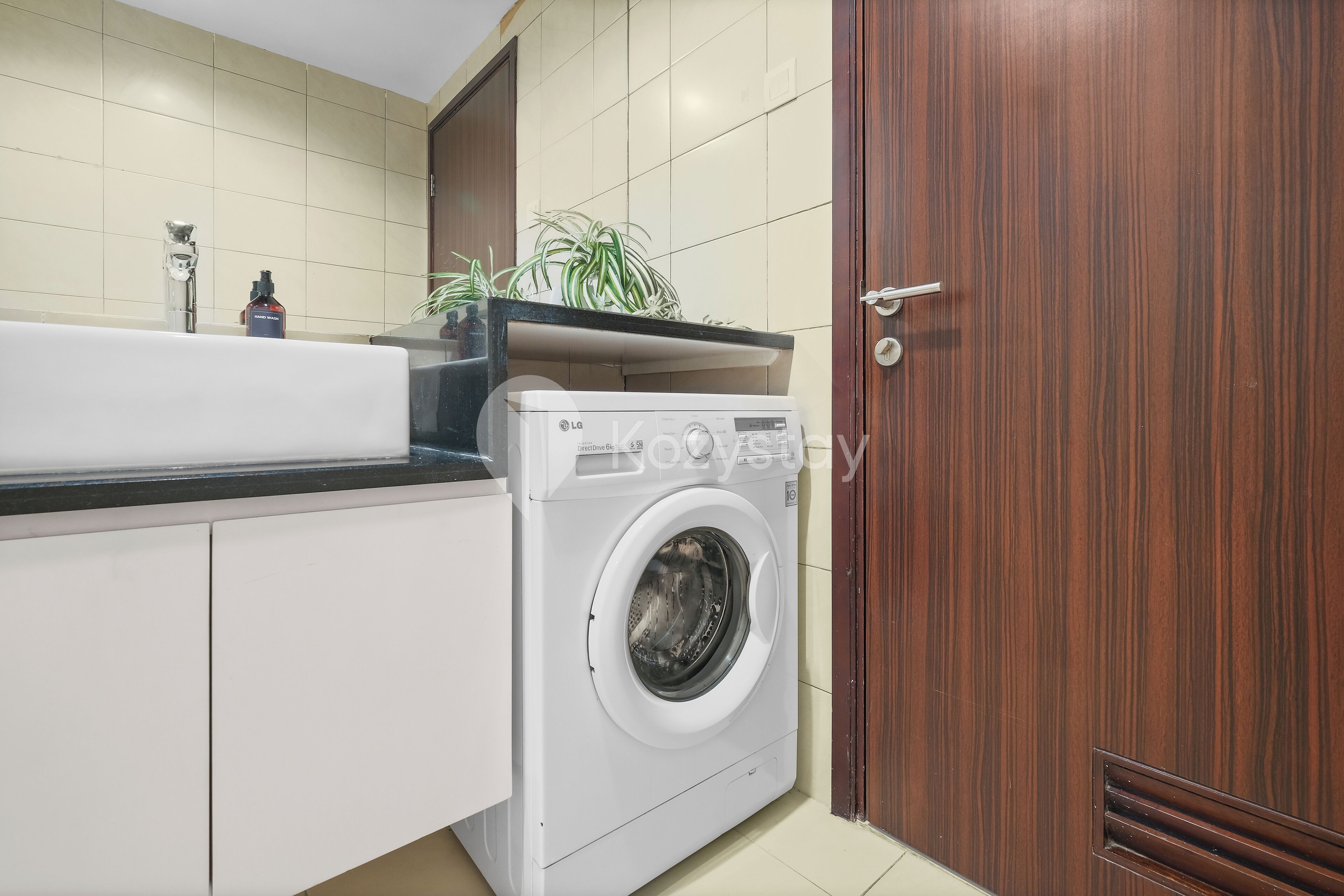 A compact laundry room with a washing machine, a sink, and a potted plant.