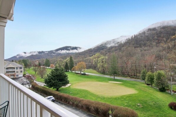 A residential area with a green lawn, a road, and a mountain in the background. - Mountain View Fore You - Golf Front 2 BR, 2BA Condo (Maggie Valley)